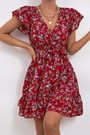 Summer New Stylish Floral Batch Printing Inelastic With Belt V-Neck Casual Mini Dress