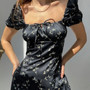 Summer New Stylish Floral Batch Printing Lace-Up Puffed Sleeve Square Neckline Inelastic Satin Slit Zip-Up Casual Midi Dress