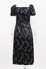 Summer New Stylish Floral Batch Printing Lace-Up Puffed Sleeve Square Neckline Inelastic Satin Slit Zip-Up Casual Midi Dress