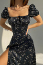 Summer New Stylish Floral Batch Printing Lace-Up Puffed Sleeve Square Neckline Inelastic Satin Slit Zip-Up Casual Midi Dress