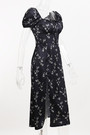 Summer New Stylish Floral Batch Printing Lace-Up Puffed Sleeve Square Neckline Inelastic Satin Slit Zip-Up Casual Midi Dress