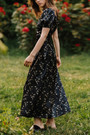 Summer New Stylish Floral Batch Printing Lace-Up Puffed Sleeve Square Neckline Inelastic Satin Slit Zip-Up Casual Midi Dress