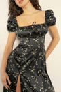Summer New Stylish Floral Batch Printing Lace-Up Puffed Sleeve Square Neckline Inelastic Satin Slit Zip-Up Casual Midi Dress