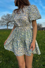 Summer New Stylish Floral Batch Printing Micro Elastic Lace-Up Backless Puff Sleeves Sexy Mini Dress