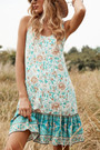 Summer New Stylish Floral Batch Printing Ruffle Hem Backless Sling Sexy Mini Dress