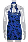 Summer New Stylish Floral Batch Printing Stretch Sleeveless Hollow Button Halter-Neck Backless Bodycon Sexy Mini Dress