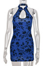 Summer New Stylish Floral Batch Printing Stretch Sleeveless Hollow Button Halter-Neck Backless Bodycon Sexy Mini Dress