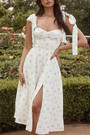 Summer New Stylish Floral Batch Printing Stretch Sling Lace-Up Shirring Backless Zip-Up Split Sexy Midi Dress