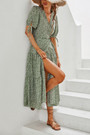 Summer New Stylish Floral Batch Printing V-Neck Lace-Up Short Sleeve High Slit Sexy Midi Dress