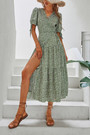 Summer New Stylish Floral Batch Printing V-Neck Lace-Up Short Sleeve High Slit Sexy Midi Dress