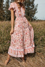 Summer New Stylish Floral Batch Printing V-Neck Short Sleeve Casual Midi Dress