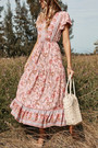 Summer New Stylish Floral Batch Printing V-Neck Short Sleeve Casual Midi Dress
