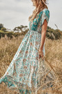 Summer New Stylish Floral Batch Printing V-Neck Short Sleeve Slit Stretch Casual Maxi Dress