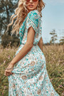 Summer New Stylish Floral Batch Printing V-Neck Short Sleeve Slit Stretch Casual Maxi Dress