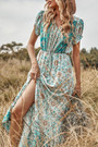 Summer New Stylish Floral Batch Printing V-Neck Short Sleeve Slit Stretch Casual Maxi Dress