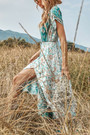 Summer New Stylish Floral Batch Printing V-Neck Short Sleeve Slit Stretch Casual Maxi Dress