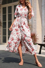 Summer New Stylish Flower Batch Inelastic V-Neck Single-Breasted Split Lace-Up Casual Midi Dress