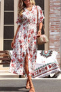 Summer New Stylish Flower Batch Inelastic V-Neck Single-Breasted Split Lace-Up Casual Midi Dress