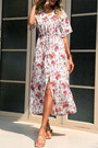 Summer New Stylish Flower Batch Inelastic V-Neck Single-Breasted Split Lace-Up Casual Midi Dress