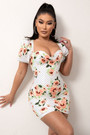 Summer New Stylish Flower Batch Printing Inelastic Square Neckline Zip-Up Slim Sexy Mini Dress