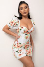 Summer New Stylish Flower Batch Printing Inelastic Square Neckline Zip-Up Slim Sexy Mini Dress