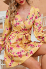 Summer New Stylish Flower Batch Printing Inelastic V Neck Back Zip-Up Casual Mini Dress(With Belt)