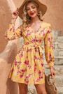 Summer New Stylish Flower Batch Printing Inelastic V Neck Back Zip-Up Casual Mini Dress(With Belt)
