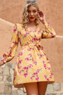 Summer New Stylish Flower Batch Printing Inelastic V Neck Back Zip-Up Casual Mini Dress(With Belt)