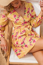 Summer New Stylish Flower Batch Printing Inelastic V Neck Back Zip-Up Casual Mini Dress(With Belt)