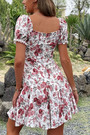 Summer New Stylish Flower Batch Printing Micro Elastic Square Neckline Lace-Up Zip-Up Casual Mini Dress