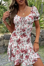 Summer New Stylish Flower Batch Printing Micro Elastic Square Neckline Lace-Up Zip-Up Casual Mini Dress