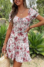 Summer New Stylish Flower Batch Printing Micro Elastic Square Neckline Lace-Up Zip-Up Casual Mini Dress