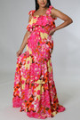 Summer New Stylish Flower Batch Printing Stretch Sling Lace-Up Backless Casual Maxi Dress Dresses