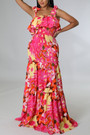 Summer New Stylish Flower Batch Printing Stretch Sling Lace-Up Backless Casual Maxi Dress Dresses
