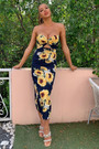 Summer New Stylish Flower Batch Printing Stretch Tube Top Hollow Split Backless Zip-Up Sexy Midi Dress