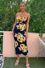 Summer New Stylish Flower Batch Printing Stretch Tube Top Hollow Split Backless Zip-Up Sexy Midi Dress