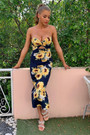 Summer New Stylish Flower Batch Printing Stretch Tube Top Hollow Split Backless Zip-Up Sexy Midi Dress