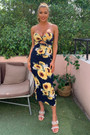 Summer New Stylish Flower Batch Printing Stretch Tube Top Hollow Split Backless Zip-Up Sexy Midi Dress