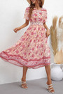 Summer New Stylish Flower Printing Single-Breasted Micro Elastic Short Sleeves Casual Midi Dress