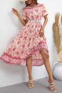 Summer New Stylish Flower Printing Single-Breasted Micro Elastic Short Sleeves Casual Midi Dress