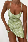 Summer New Stylish Hollow Plaid Flower Printing Sling Backless Lace-Up Inelastic Sexy Mini Dress