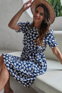 Summer New Stylish Inelastic Daisy Batch Printing Short Sleeves Casual Midi Dress