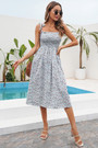 Summer New Stylish Inelastic Floral Batch Printing Lace-Up Sling Casual Midi Dress