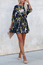 Summer New Stylish Inelastic Floral Batch Printing Plus Size Three-Quarter Sleeves Casual Mini Dress(With Belt,With Lining)