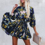 Summer New Stylish Inelastic Floral Batch Printing Plus Size Three-Quarter Sleeves Casual Mini Dress(With Belt,With Lining)