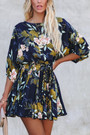 Summer New Stylish Inelastic Floral Batch Printing Plus Size Three-Quarter Sleeves Casual Mini Dress(With Belt,With Lining)