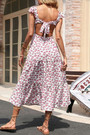 Summer New Stylish Inelastic Floral Batch Printing Ruffle Backless Lace-Up Sexy Midi Dress