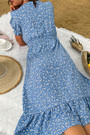 Summer New Stylish Inelastic Floral Batch Printing Short Sleeves V-Neck Ruffle Button Casual Midi Dress