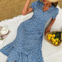 Summer New Stylish Inelastic Floral Batch Printing Short Sleeves V-Neck Ruffle Button Casual Midi Dress