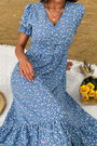 Summer New Stylish Inelastic Floral Batch Printing Short Sleeves V-Neck Ruffle Button Casual Midi Dress